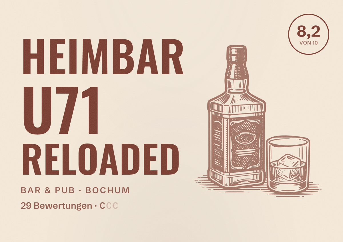 Illustriertes Poster von Heimbar U71 reloaded, Bar & Pub in Bochum: Bewertung 8,2 von 10 aus 29 Bewertungen, Preisniveau €