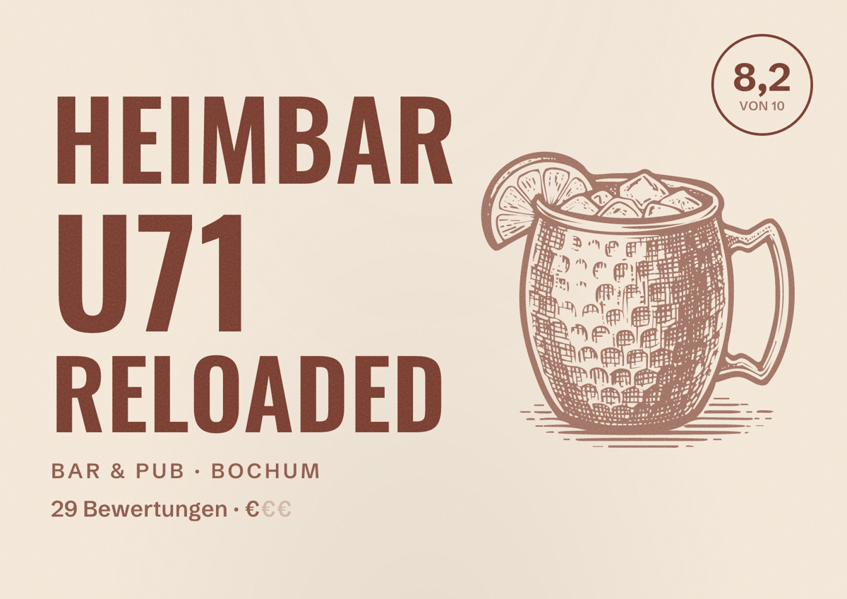 Illustriertes Poster von Heimbar U71 reloaded, Bar & Pub in Bochum: Bewertung 8,2 von 10 aus 29 Bewertungen, Preisniveau €