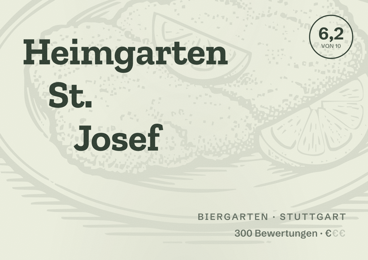 Illustriertes Poster von Heimgarten St. Josef, Biergarten in Stuttgart: Bewertung 6,2 von 10 aus 300 Bewertungen, Preisniveau €
