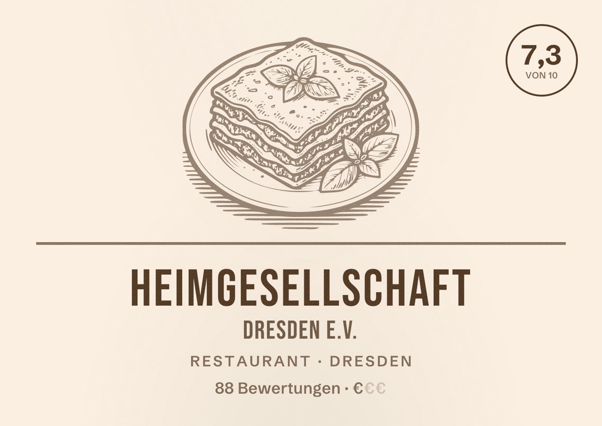 Illustriertes Poster von Heimgesellschaft Dresden e.V., Restaurant in Dresden: Bewertung 7,3 von 10 aus 88 Bewertungen, Preisniveau €