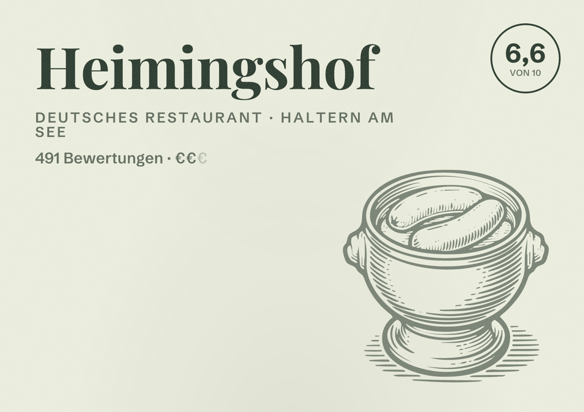 Illustriertes Poster von Heimingshof, Deutsches Restaurant in Haltern am See: Gästebewertung 6,6 von 10 aus 491 Bewertungen