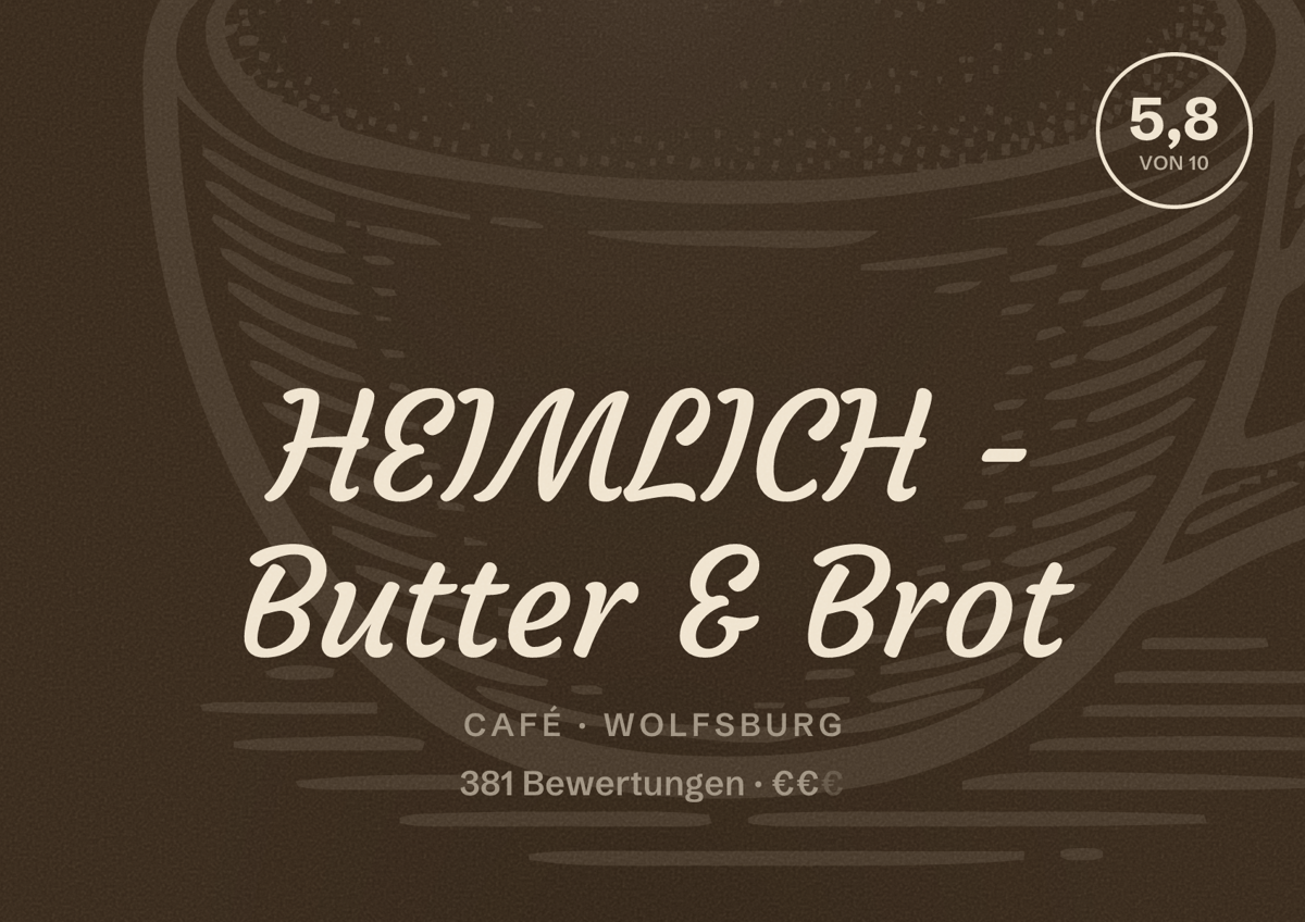 Illustriertes Poster von HEIMLICH - Butter & Brot, Café in Wolfsburg: Bewertung 5,8 von 10 aus 381 Bewertungen, Preisniveau €€