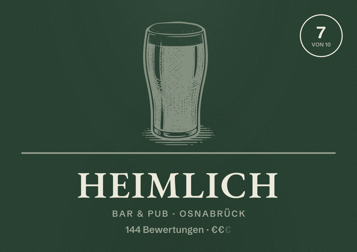Illustriertes Poster von Heimlich, Bar & Pub in Osnabrück: Bewertung 7 von 10 aus 144 Bewertungen, Preisniveau €€