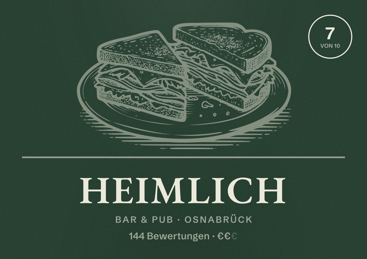 Illustriertes Poster von Heimlich, Bar & Pub in Osnabrück: Bewertung 7 von 10 aus 144 Bewertungen, Preisniveau €€