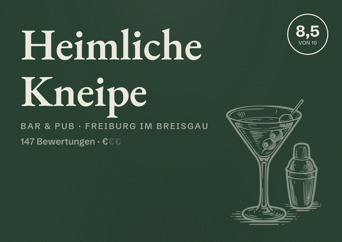 Illustriertes Poster von Heimliche Kneipe, Bar & Pub in Freiburg im Breisgau: Bewertung 8,5 von 10 aus 147 Bewertungen, Preisniveau €