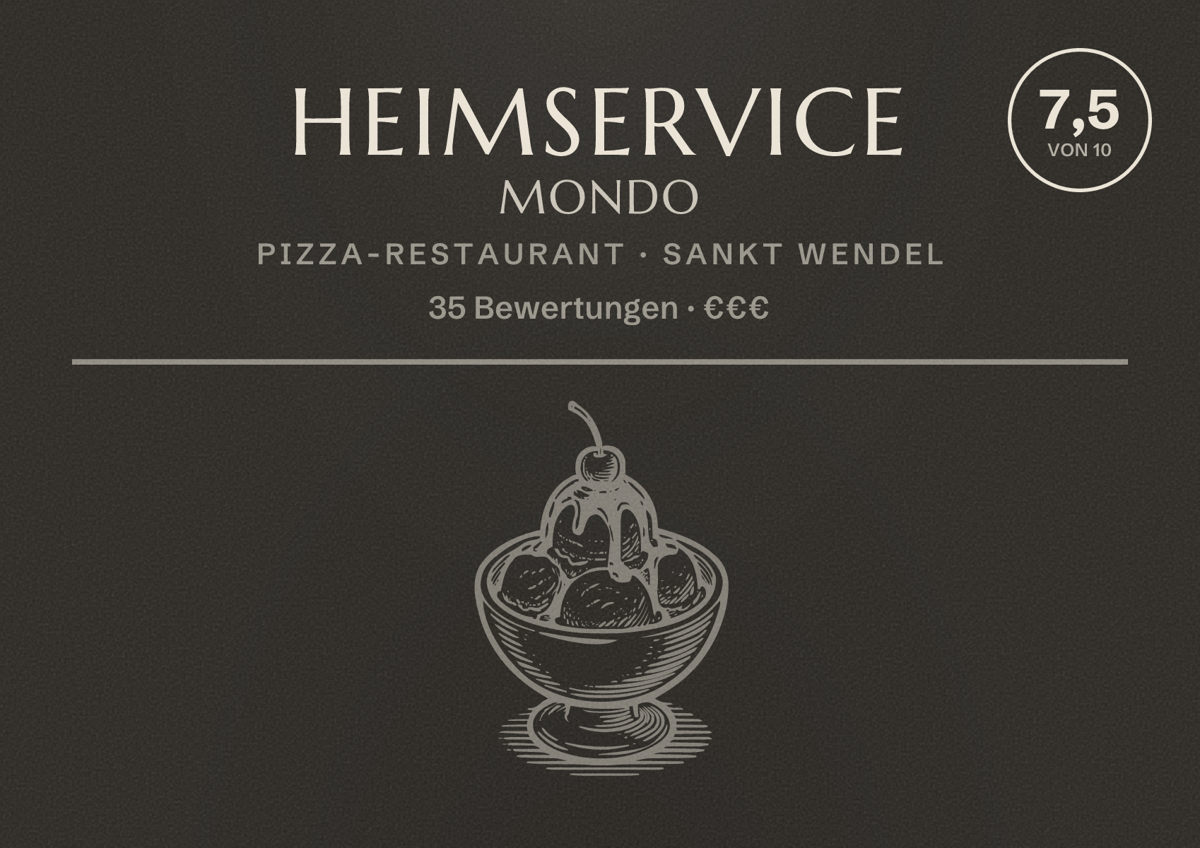 Illustriertes Poster von Heimservice Mondo, Pizza-Restaurant in Sankt Wendel: Bewertung 7,5 von 10 aus 35 Bewertungen, Preisniveau €€€