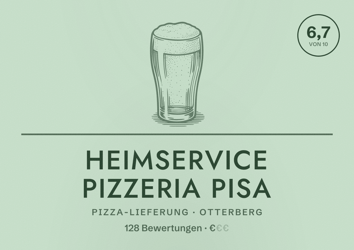 Illustriertes Poster von Heimservice Pizzeria Pisa, Pizza-Lieferung in Otterberg: Bewertung 6,7 von 10 aus 128 Bewertungen, Preisniveau €