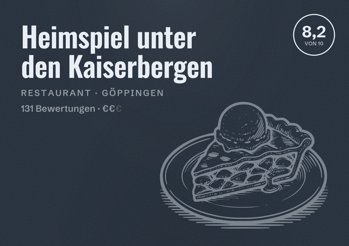 Illustriertes Poster von Heimspiel unter den Kaiserbergen, Restaurant in Göppingen: Bewertung 8,2 von 10 aus 131 Bewertungen, Preisniveau €€
