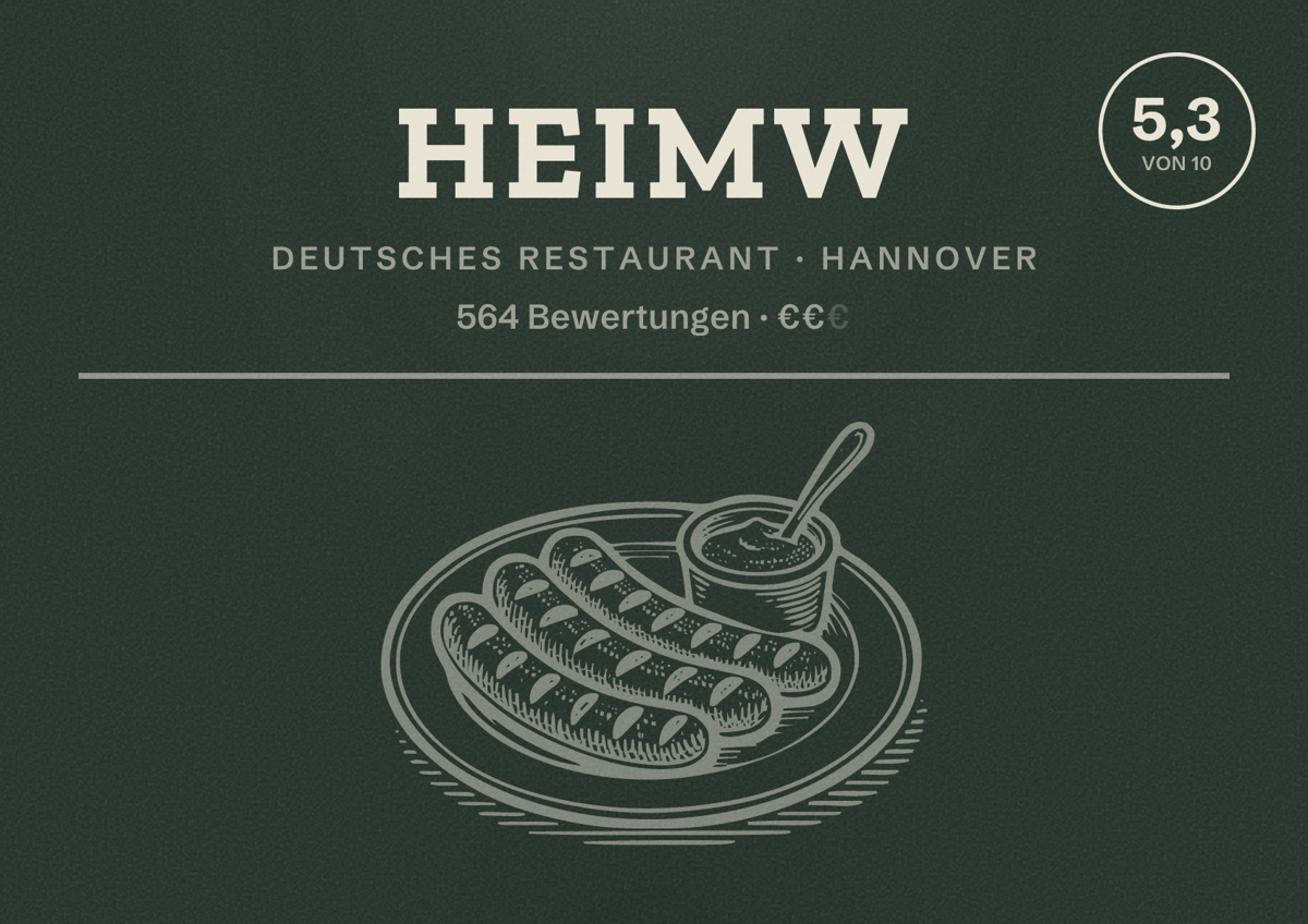 Illustriertes Poster von heimW, Deutsches Restaurant in Hannover: Bewertung 5,3 von 10 aus 564 Bewertungen, Preisniveau €€