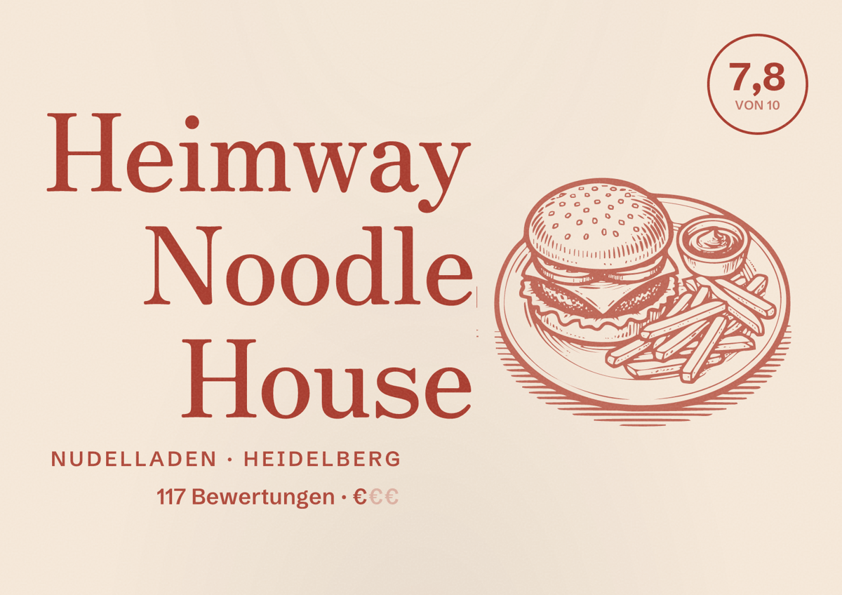 Illustriertes Poster von Heimway Noodle House, Nudelladen in Heidelberg: Bewertung 7,8 von 10 aus 117 Bewertungen, Preisniveau €
