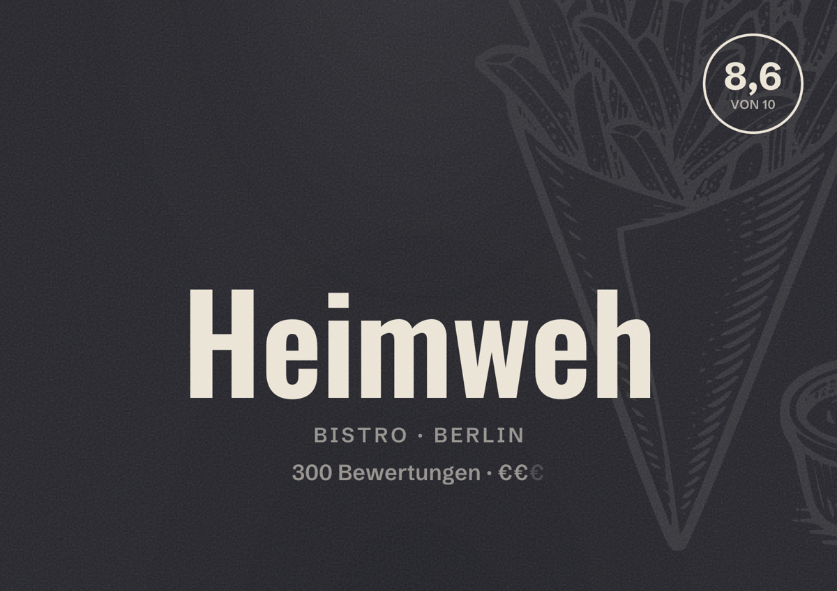 Illustriertes Poster von Heimweh, Bistro in Berlin: Bewertung 8,6 von 10 aus 300 Bewertungen, Preisniveau €€