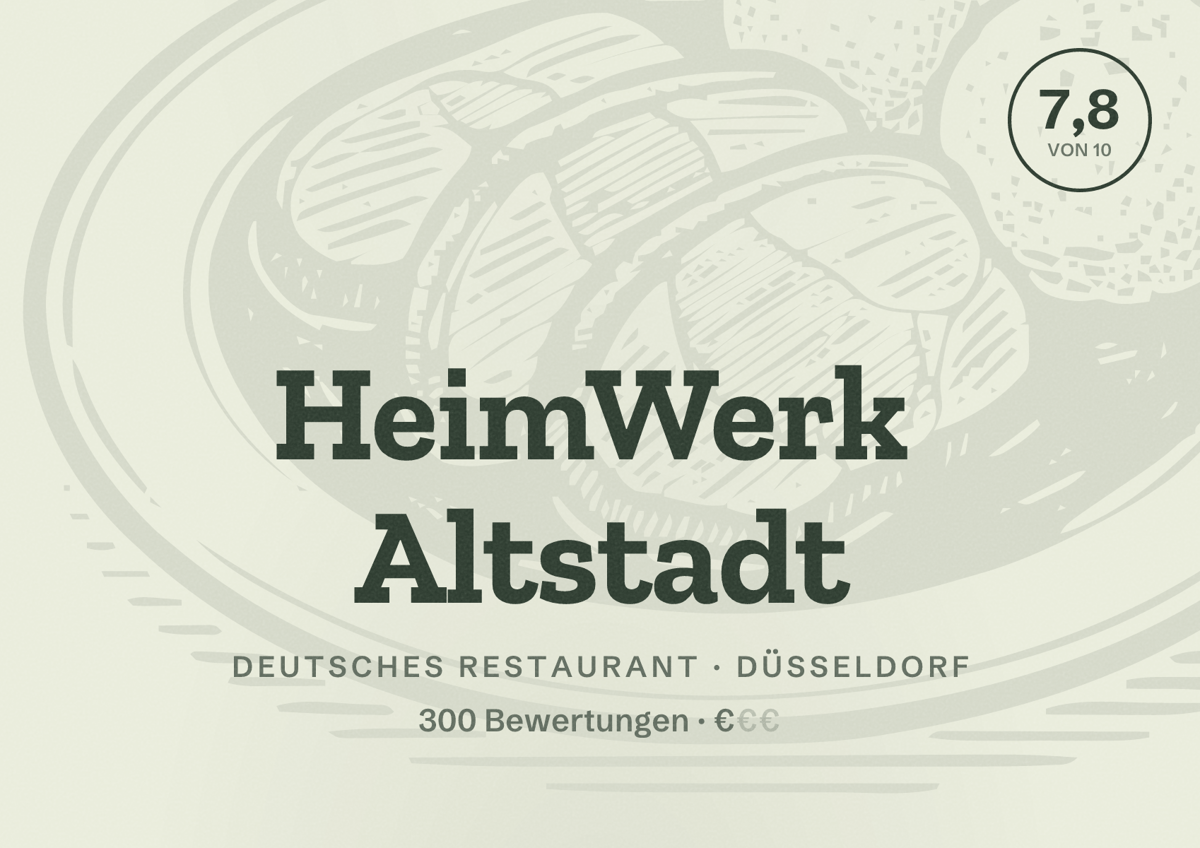 Illustriertes Poster von HeimWerk Altstadt, Deutsches Restaurant in Düsseldorf: Bewertung 7,8 von 10 aus 300 Bewertungen, Preisniveau €
