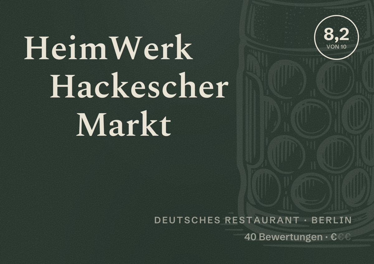 Illustriertes Poster von HeimWerk Hackescher Markt, Deutsches Restaurant in Berlin: Bewertung 8,2 von 10 aus 40 Bewertungen, Preisniveau €