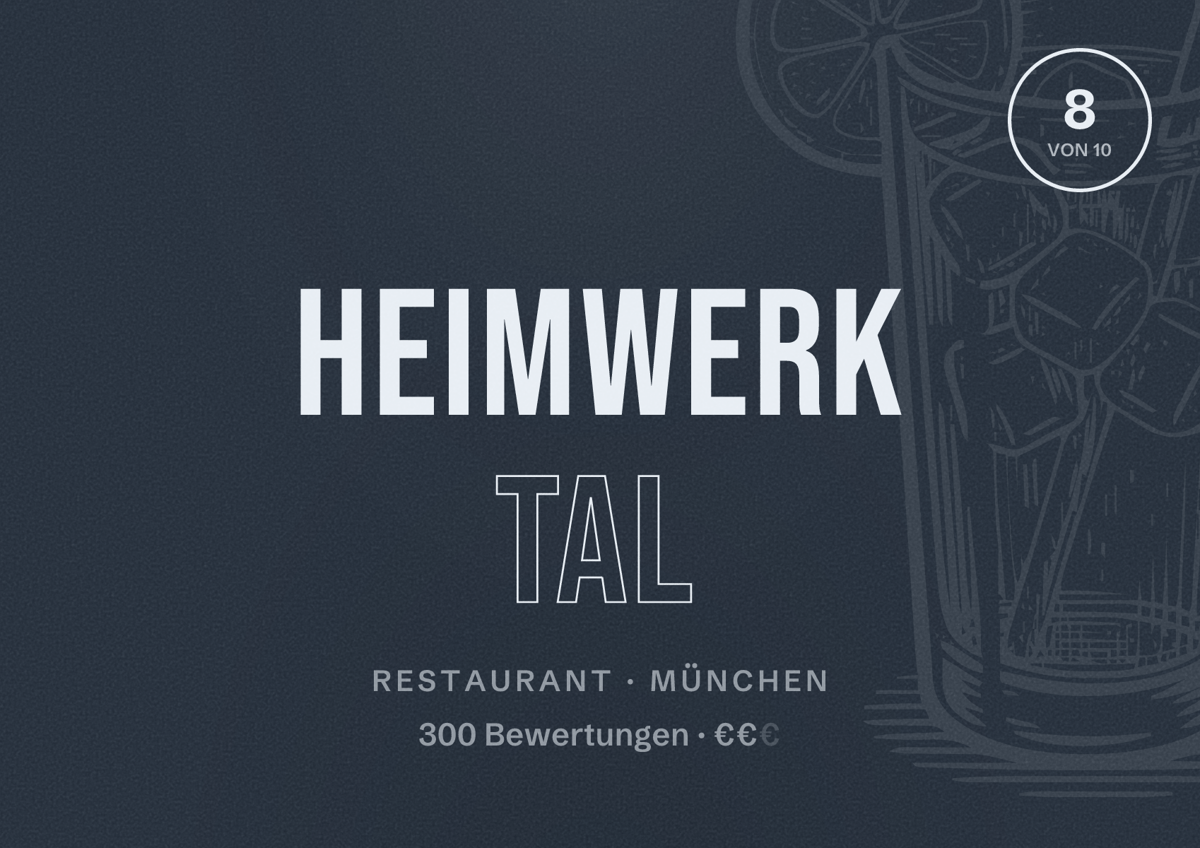 Illustriertes Poster von HeimWerk Tal, Restaurant in München: Bewertung 8,0 von 10 aus 300 Bewertungen, Preisniveau €€