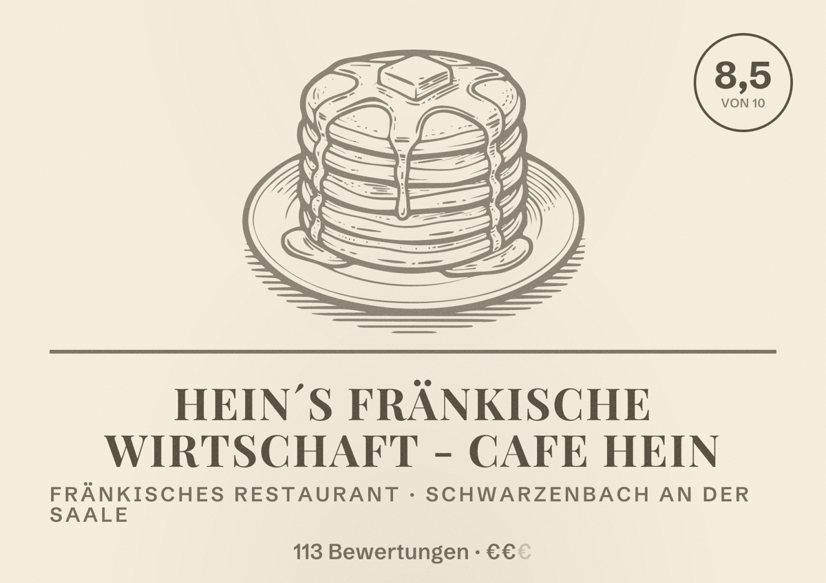 Illustriertes Poster von Hein´s Fränkische Wirtschaft - Cafe Hein, Fränkisches Restaurant in Schwarzenbach an der Saale: Bewertung 8,5 von 10 aus 113 Bewertungen, Preisniveau €€