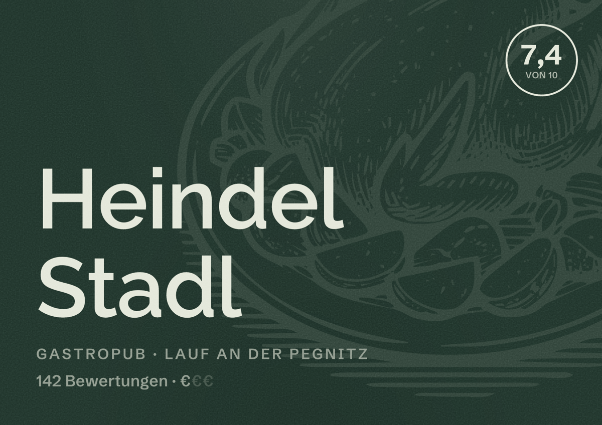 Illustriertes Poster von Heindel Stadl, Gastropub in Lauf an der Pegnitz: Bewertung 7,4 von 10 aus 142 Bewertungen, Preisniveau €
