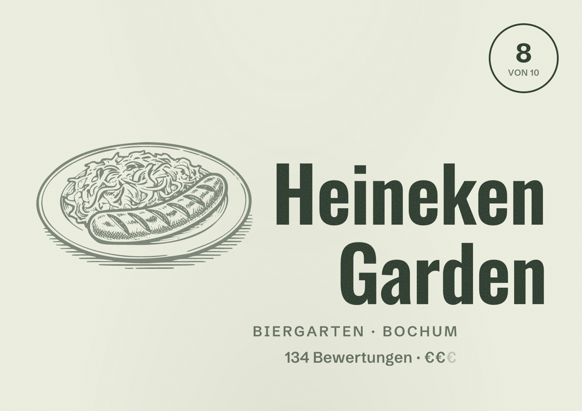 Illustriertes Poster von Heineken Garden, Biergarten in Bochum: Bewertung 8 von 10 aus 134 Bewertungen, Preisniveau €€