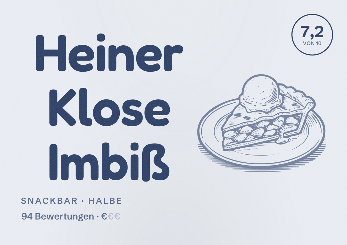 Illustriertes Poster von Heiner Klose Imbiß, Snackbar in Halbe: Bewertung 7,2 von 10 aus 94 Bewertungen, Preisniveau €