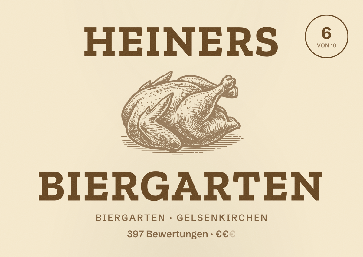 Illustriertes Poster von Heiners Biergarten, Biergarten in Gelsenkirchen: Bewertung 6 von 10 aus 397 Bewertungen, Preisniveau €€