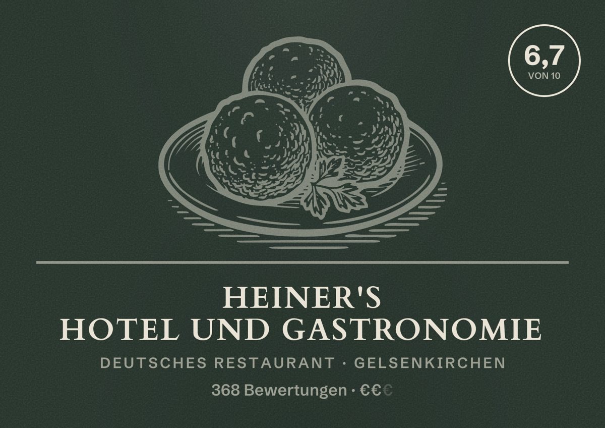 Illustriertes Poster von Heiner's Hotel und Gastronomie, Deutsches Restaurant in Gelsenkirchen: Bewertung 6,7 von 10 aus 368 Bewertungen, Preisniveau €€