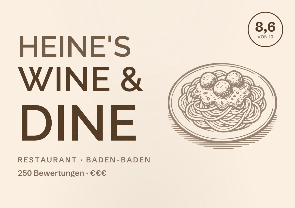 Illustriertes Poster von Heine's Wine & Dine, Restaurant in Baden-Baden: Bewertung 8,6 von 10 aus 250 Bewertungen, Preisniveau €€€