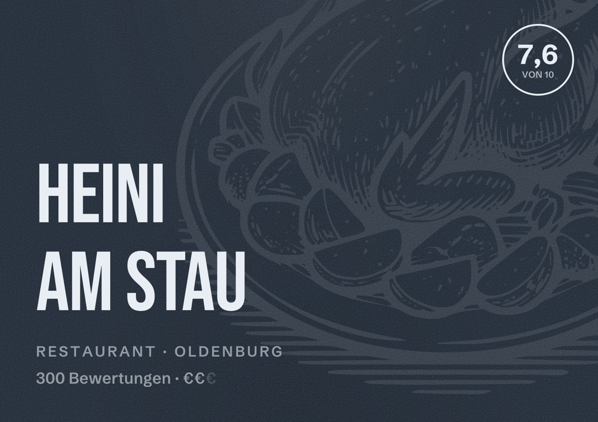 Illustriertes Poster von Heini am Stau, Restaurant in Oldenburg: Bewertung 7,6 von 10 aus 300 Bewertungen, Preisniveau €€