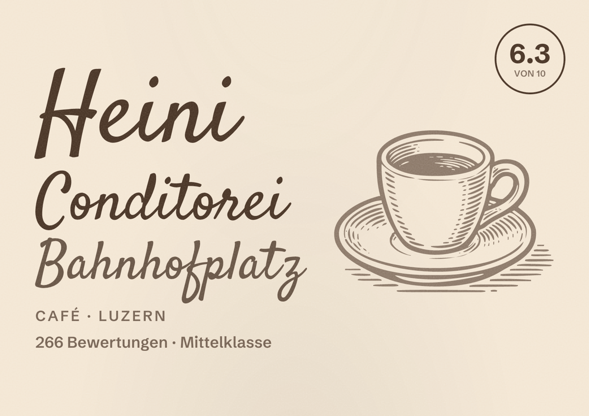 Illustriertes Poster von Heini Conditorei Bahnhofplatz, Café in Luzern: Bewertung 6.3 von 10 aus 266 Bewertungen, Preisniveau Mittelklasse