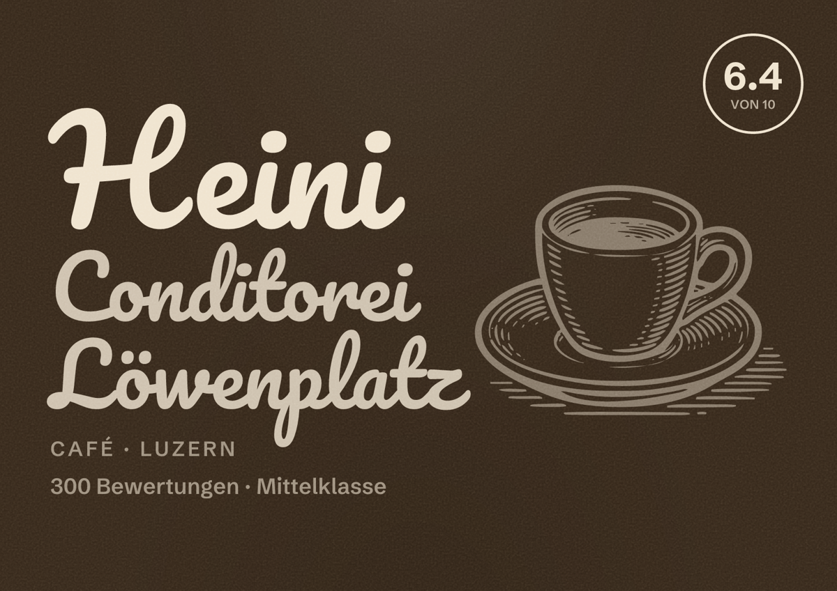 Illustriertes Poster von Heini Conditorei Löwenplatz, Café in Luzern: Bewertung 6.4 von 10 aus 300 Bewertungen, Preisniveau Mittelklasse