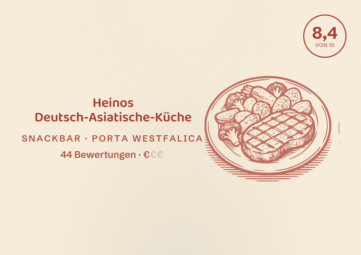 Illustriertes Poster von Heinos Deutsch-Asiatische-Küche, Snackbar in Porta Westfalica: Bewertung 8,4 von 10 aus 44 Bewertungen, Preisniveau €