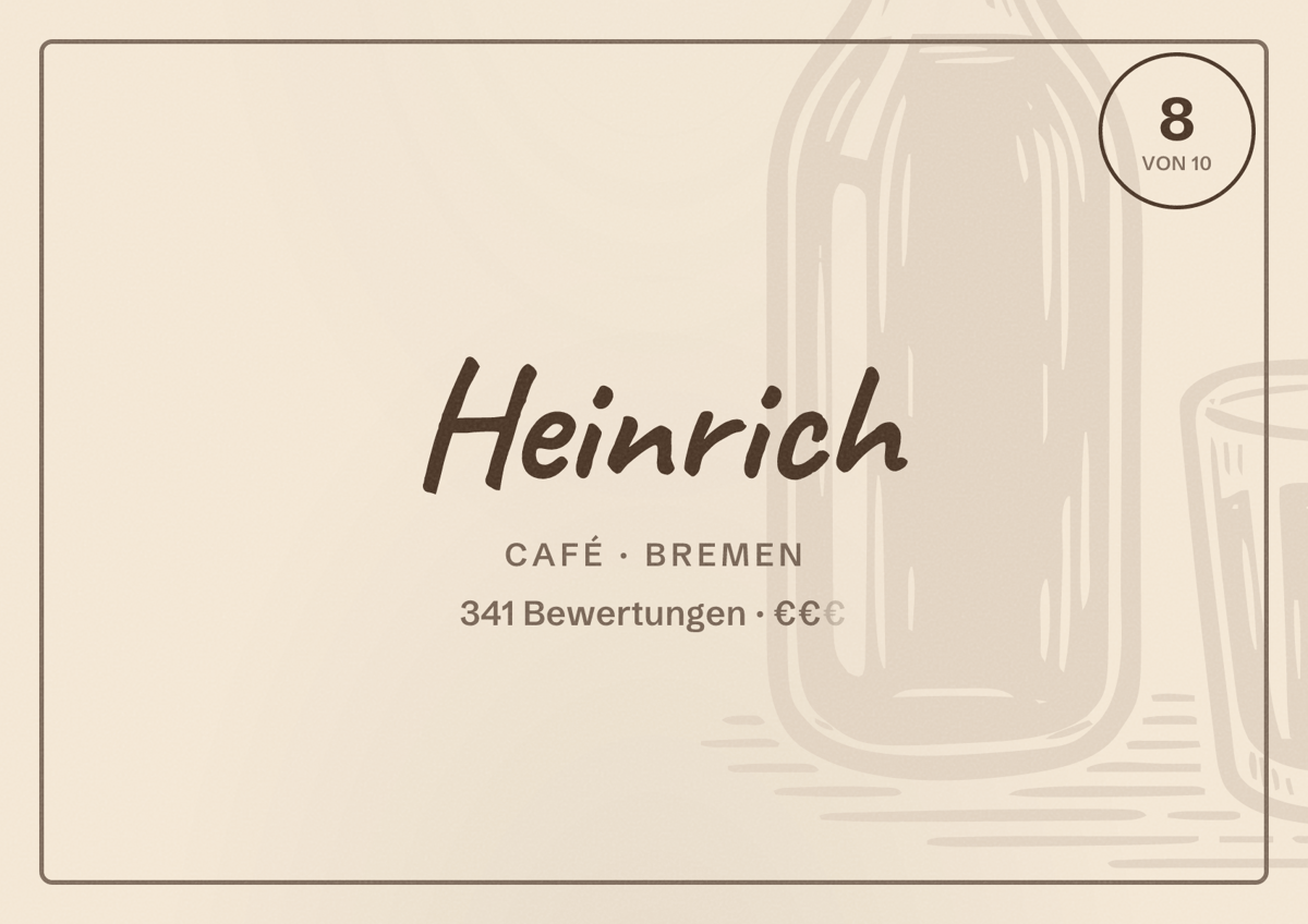Illustriertes Poster von Heinrich, Café in Bremen: Bewertung 8 von 10 aus 341 Bewertungen, Preisniveau €€