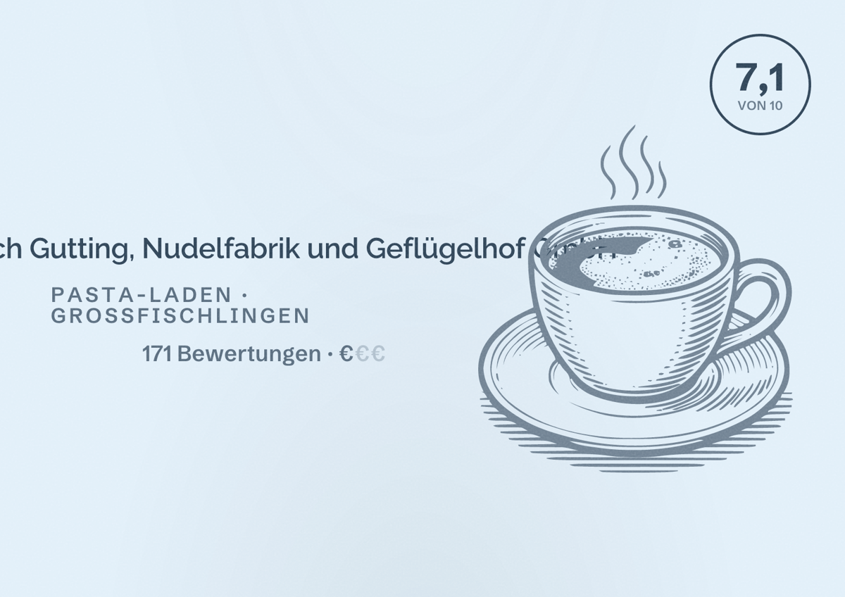 Illustriertes Poster von Heinrich Gutting, Nudelfabrik und Geflügelhof GmbH, Pasta-Laden in Großfischlingen: Bewertung 7,1 von 10 aus 171 Bewertungen, Preisniveau €