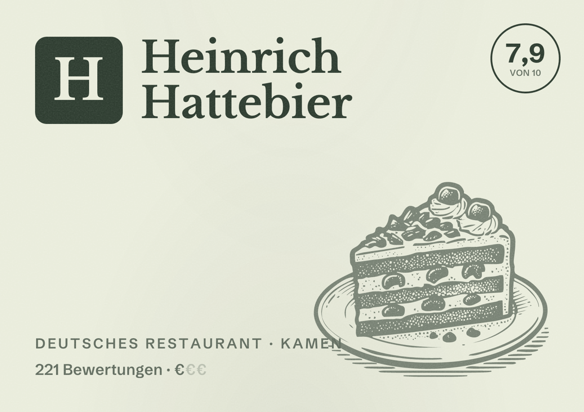 Illustriertes Poster von Heinrich Hattebier, Deutsches Restaurant in Kamen: Bewertung 7,9 von 10 aus 221 Bewertungen, Preisniveau €