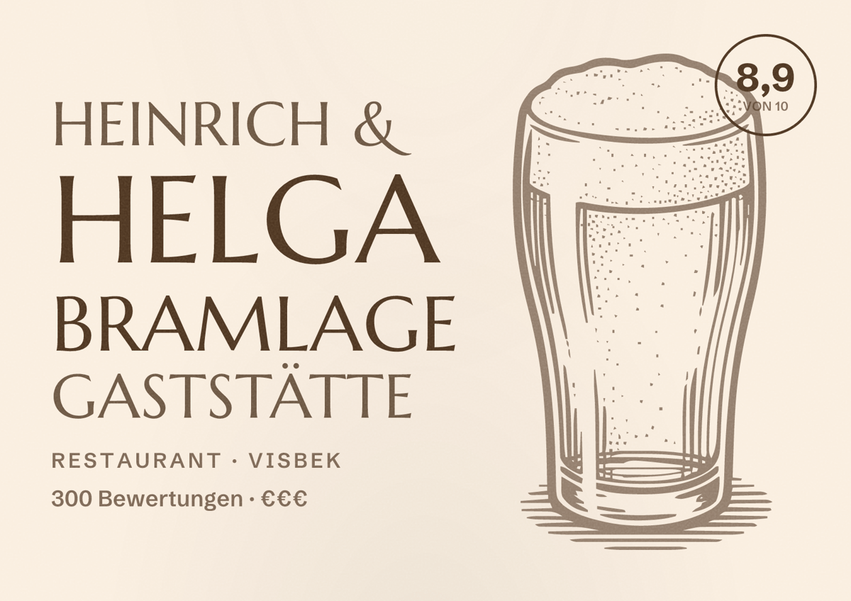 Illustriertes Poster von Heinrich & Helga Bramlage Gaststätte, Restaurant in Visbek: Bewertung 8,9 von 10 aus 300 Bewertungen, Preisniveau €€€