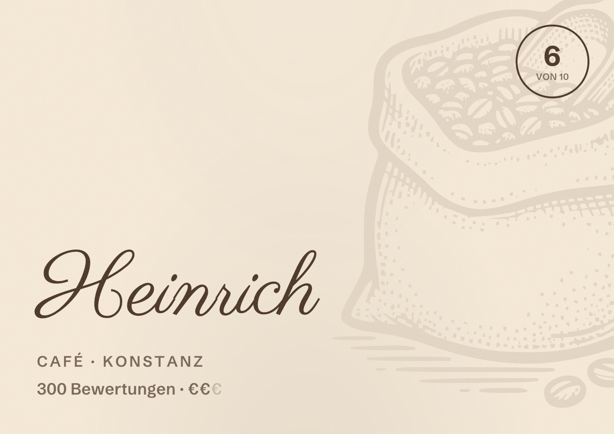 Illustriertes Poster von Heinrich, Café in Konstanz: Bewertung 6 von 10 aus 300 Bewertungen, Preisniveau €€