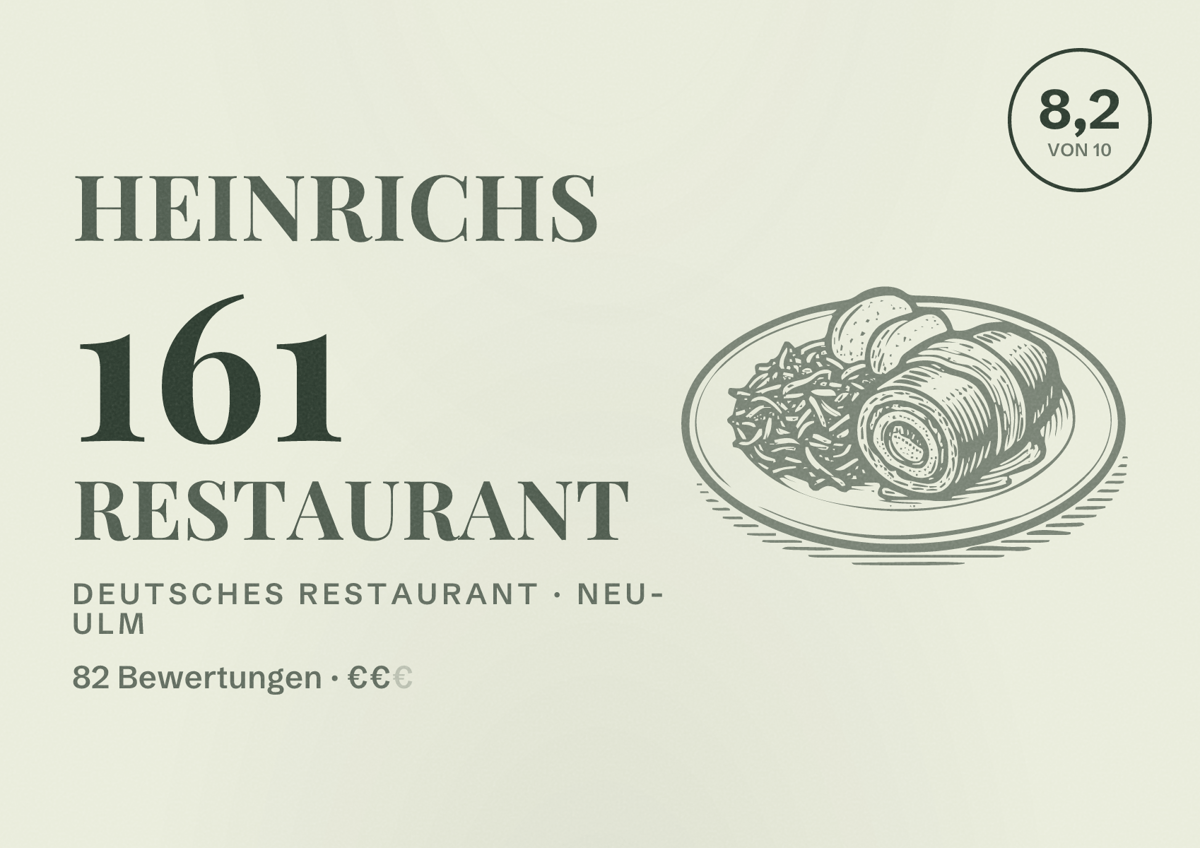 Illustriertes Poster von Heinrichs 161 Restaurant, Deutsches Restaurant in Neu-Ulm: Bewertung 8,2 von 10 aus 82 Bewertungen, Preisniveau €€