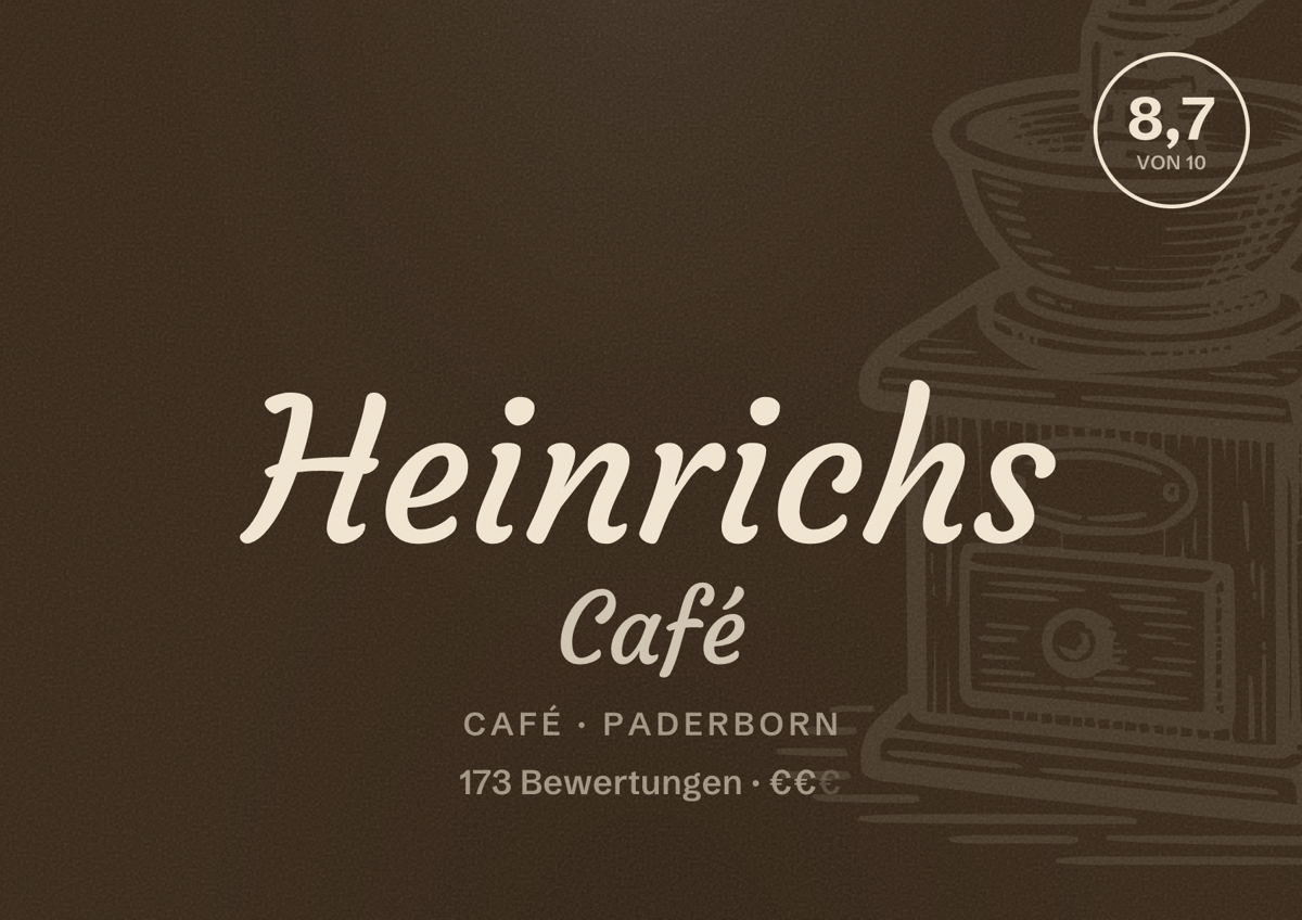 Illustriertes Poster von Heinrichs Café, Café in Paderborn: Bewertung 8,7 von 10 aus 173 Bewertungen, Preisniveau €€