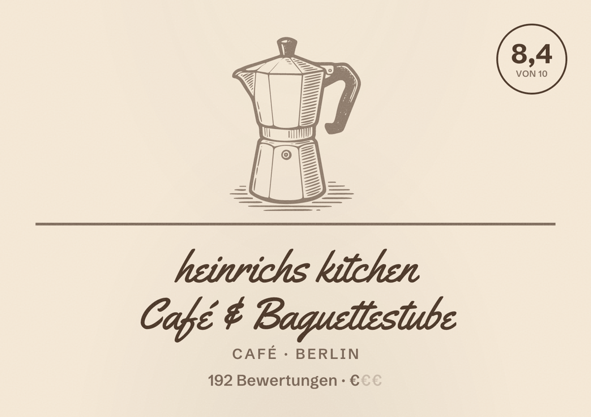 Illustriertes Poster von heinrichs kitchen Café & Baguettestube, Café in Berlin: Bewertung 8,4 von 10 aus 192 Bewertungen, Preisniveau €
