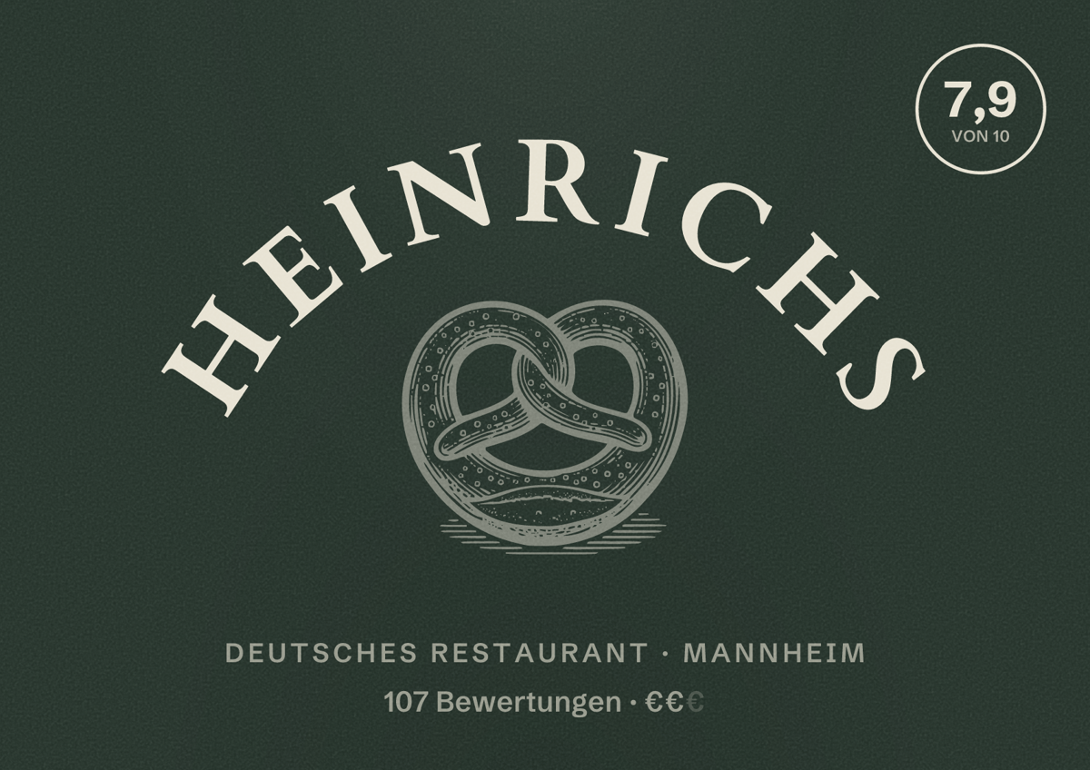 Illustriertes Poster von Heinrichs, Deutsches Restaurant in Mannheim: Bewertung 7,9 von 10 aus 107 Bewertungen, Preisniveau €€