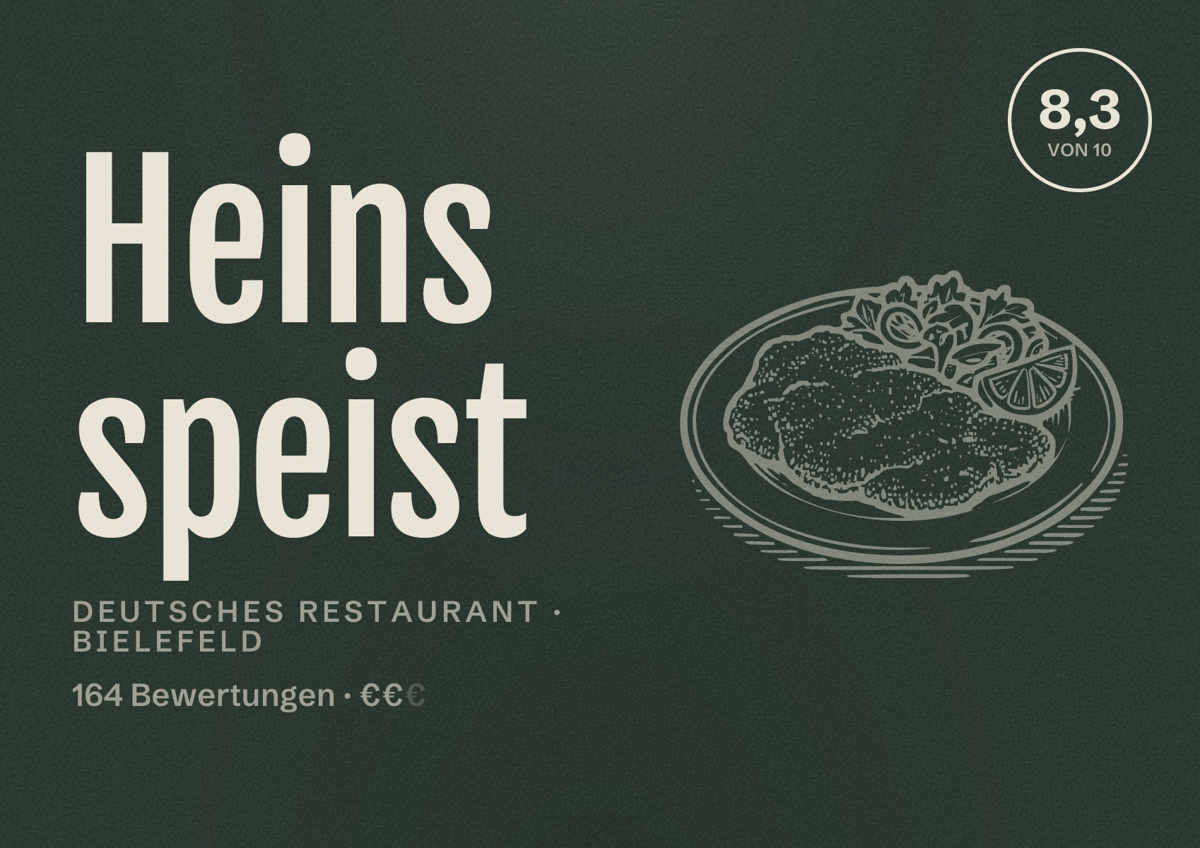 Illustriertes Poster von Heins speist, Deutsches Restaurant in Bielefeld: Bewertung 8,3 von 10 aus 164 Bewertungen, Preisniveau €€