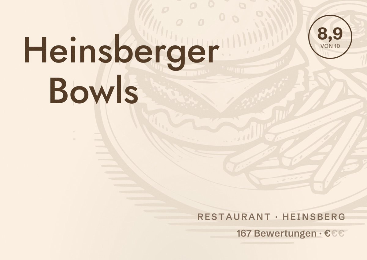 Illustriertes Poster von Heinsberger Bowls, Restaurant in Heinsberg: Bewertung 8,9 von 10 aus 167 Bewertungen, Preisniveau €