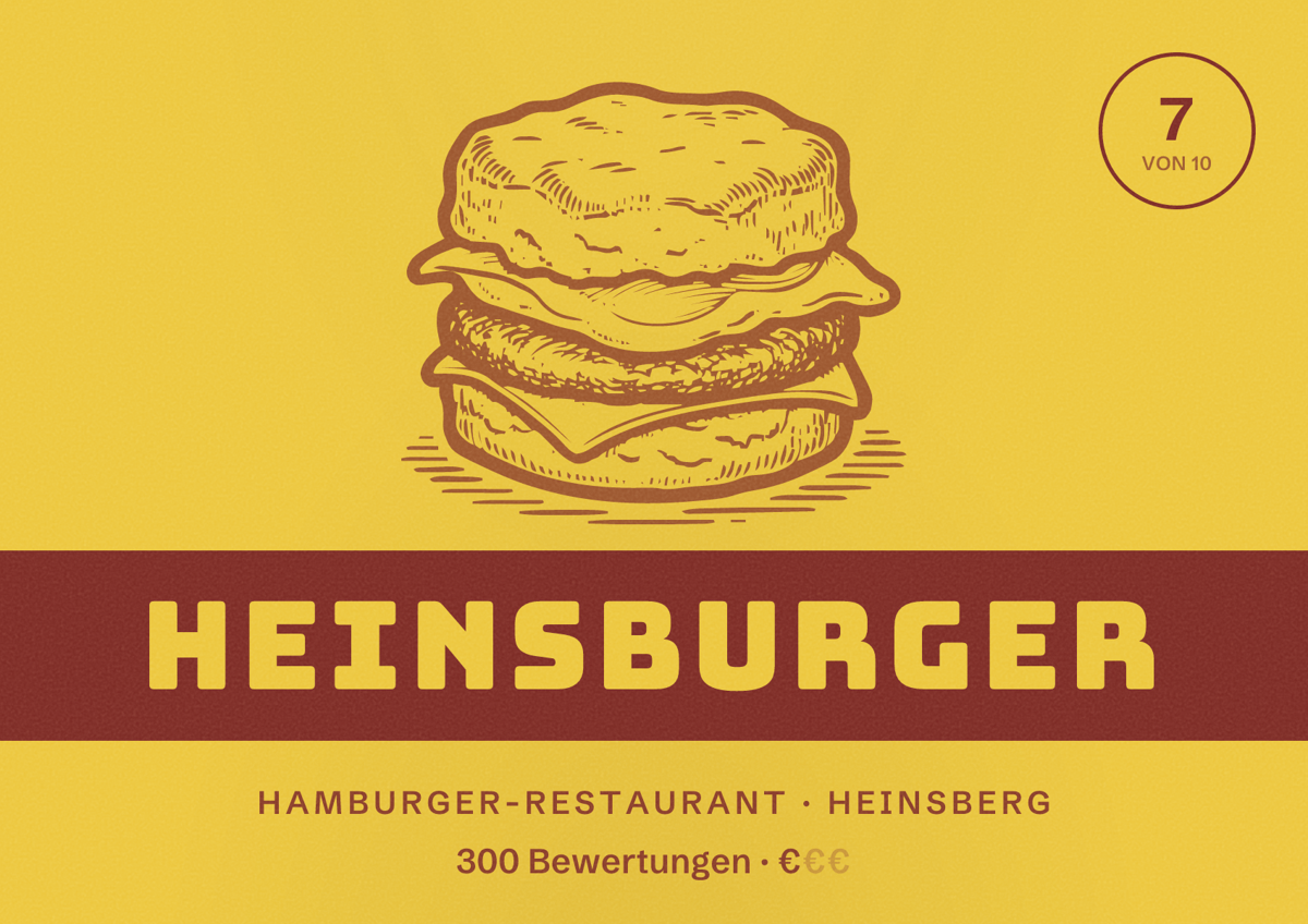 Illustriertes Poster von Heinsburger, Hamburger-Restaurant in Heinsberg: Bewertung 7 von 10 aus 300 Bewertungen, Preisniveau €