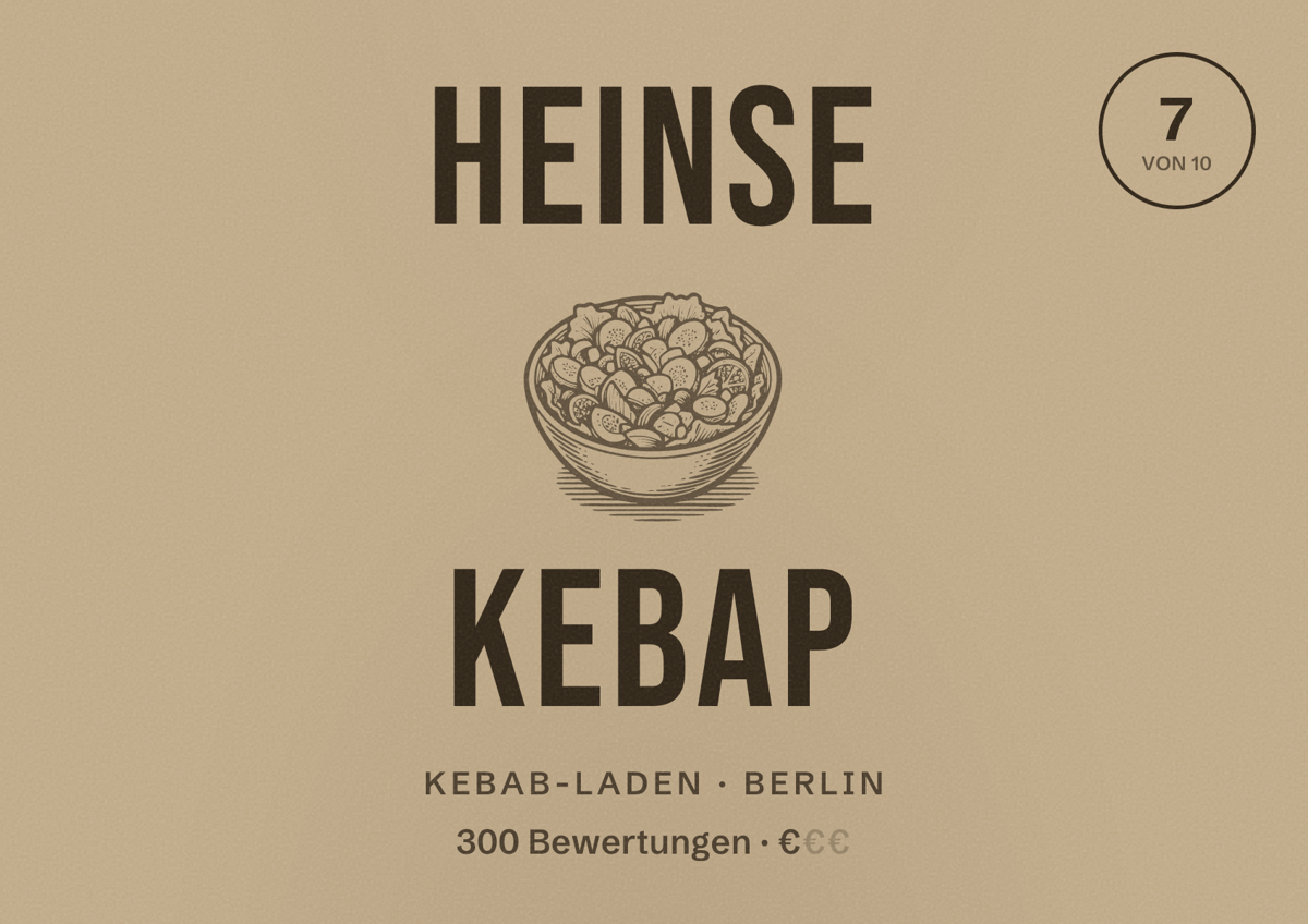 Illustriertes Poster von Heinse Kebap, Kebab-Laden in Berlin: Bewertung 7,0 von 10 aus 300 Bewertungen, Preisniveau €