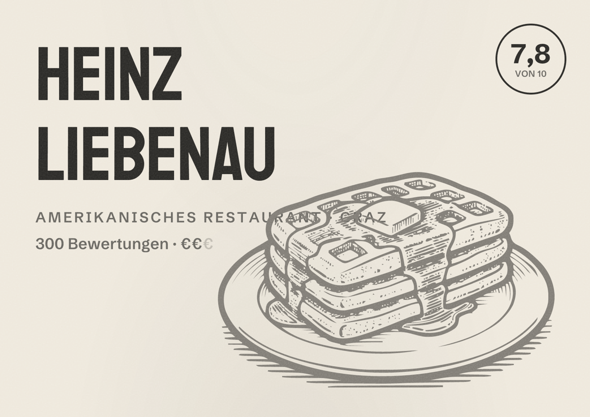 Illustriertes Poster von HEINZ Liebenau, Amerikanisches Restaurant in Graz: Bewertung 7,8 von 10 aus 300 Bewertungen, Preisniveau €€