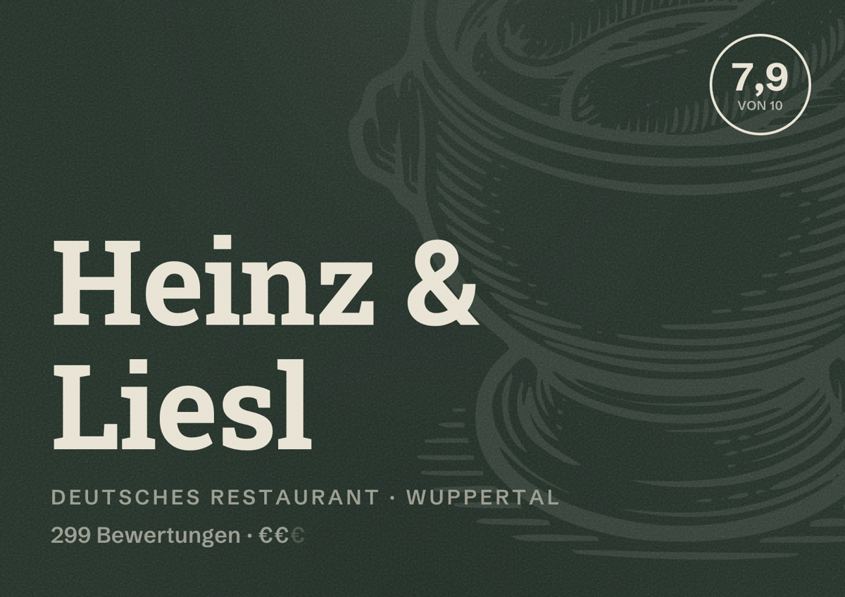 Illustriertes Poster von Heinz & Liesl, Deutsches Restaurant in Wuppertal: Bewertung 7,9 von 10 aus 299 Bewertungen, Preisniveau €€