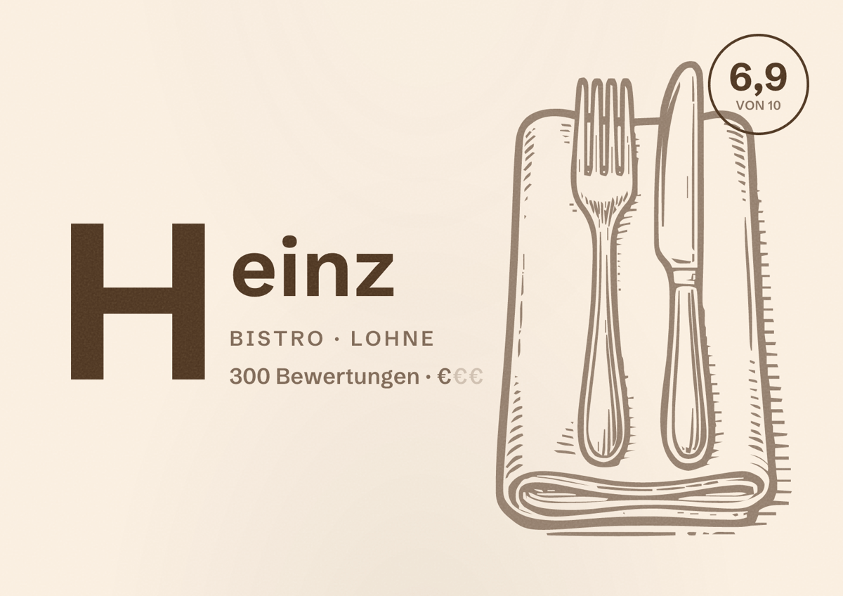 Illustriertes Poster von Heinz, Bistro in Lohne: Bewertung 6,9 von 10 aus 300 Bewertungen, Preisniveau €