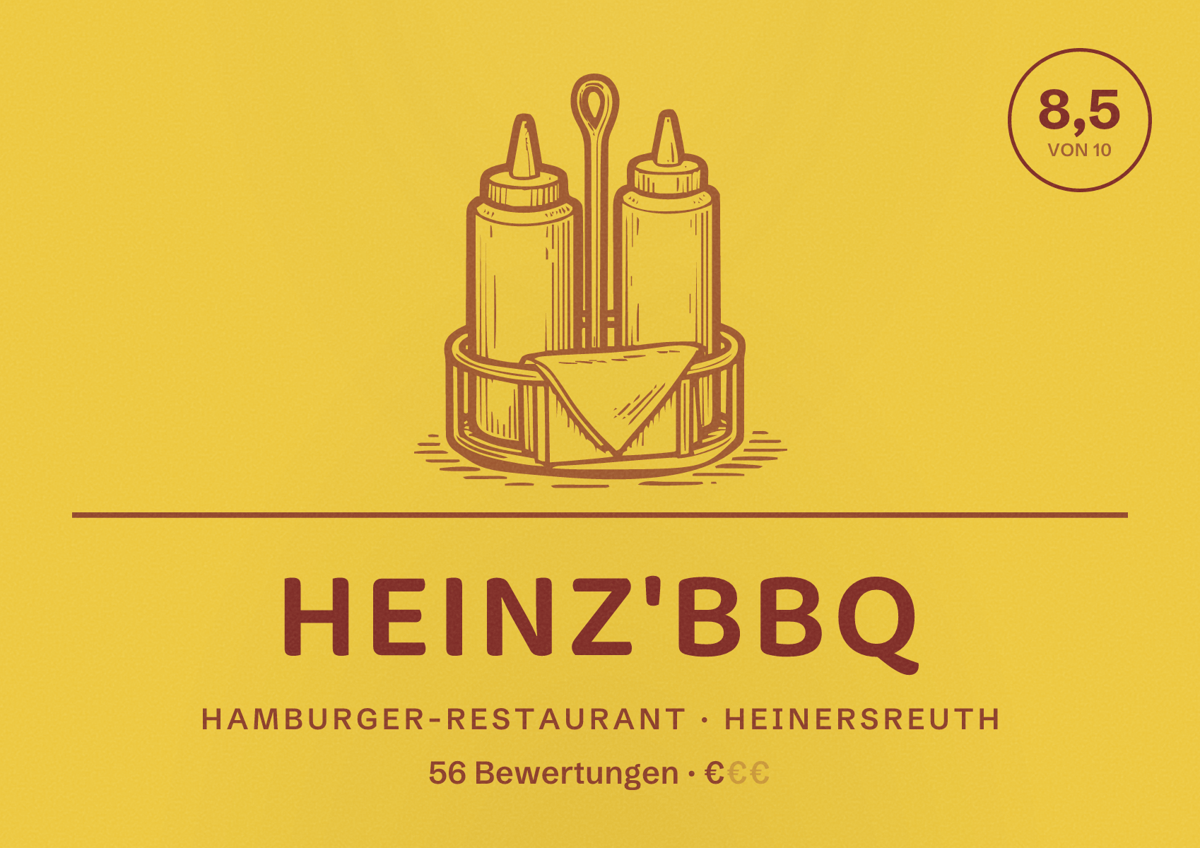 Illustriertes Poster von Heinz'BBQ, Hamburger-Restaurant in Heinersreuth: Bewertung 8,5 von 10 aus 56 Bewertungen, Preisniveau €