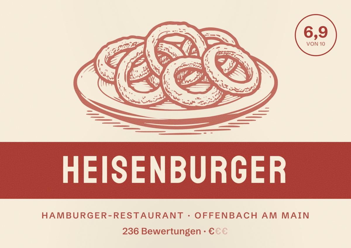 Illustriertes Poster von Heisenburger, Hamburger-Restaurant in Offenbach am Main: Bewertung 6,9 von 10 aus 236 Bewertungen, Preisniveau €