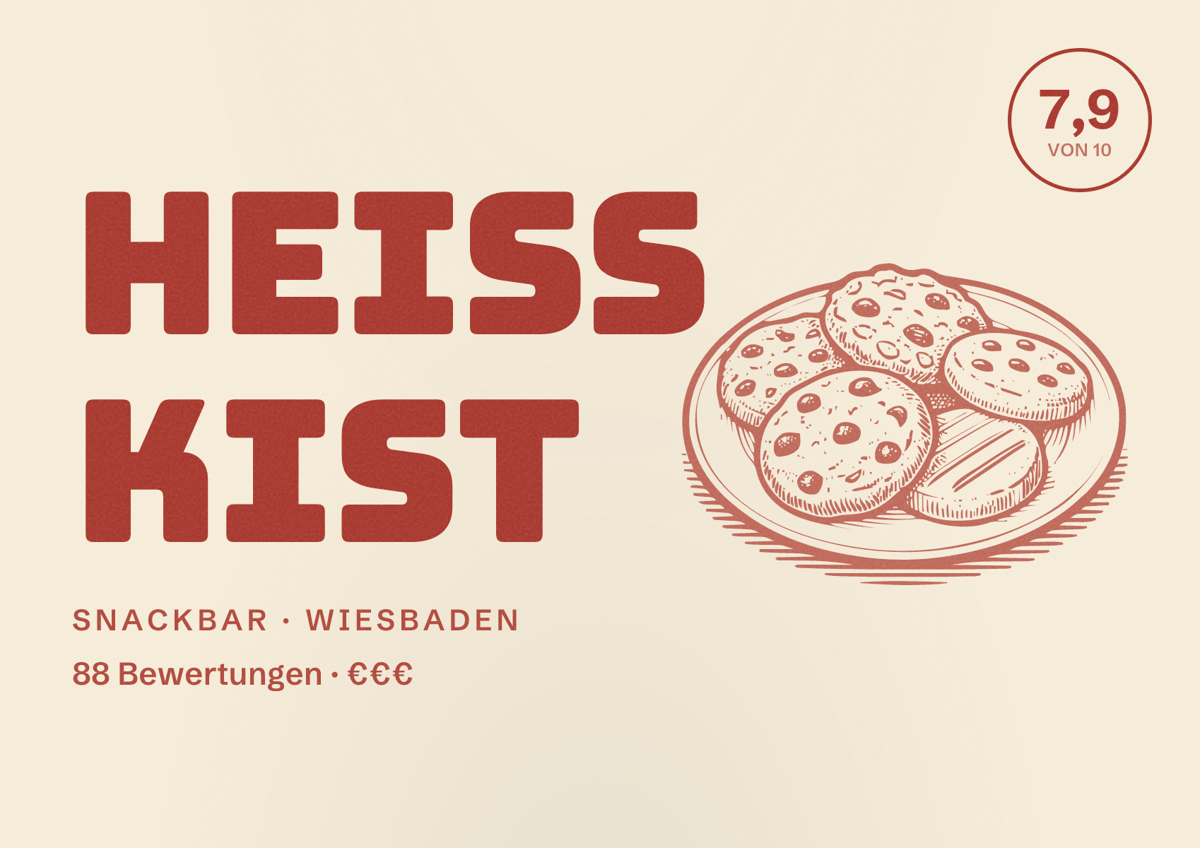 Illustriertes Poster von Heiß Kist, Snackbar in Wiesbaden: Bewertung 7,9 von 10 aus 88 Bewertungen, Preisniveau €€€
