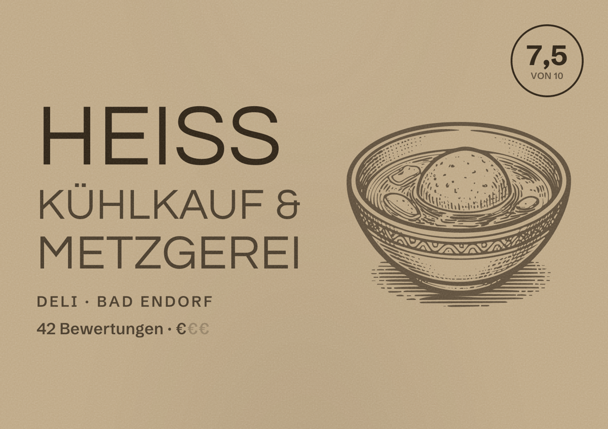 Illustriertes Poster von Heiss Kühlkauf & Metzgerei, Deli in Bad Endorf: Bewertung 7,5 von 10 aus 42 Bewertungen, Preisniveau €