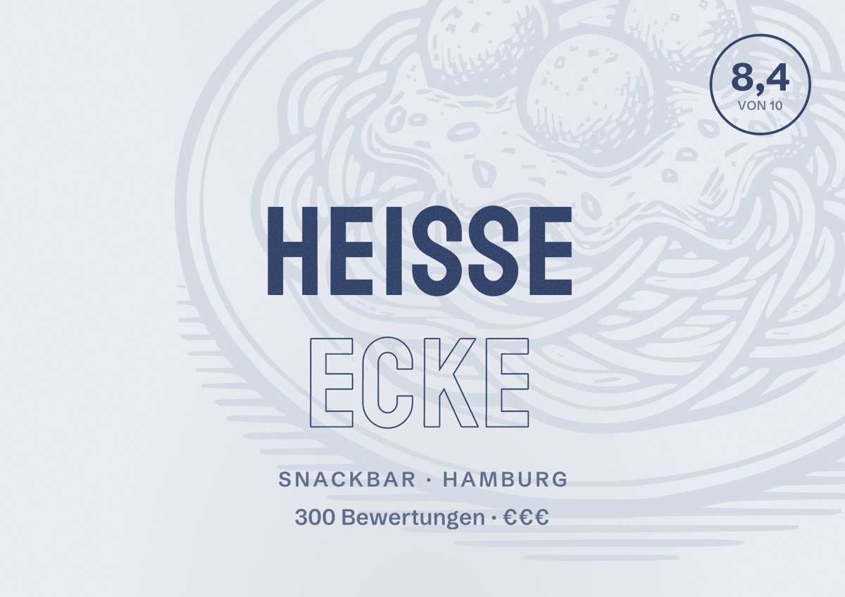 Illustriertes Poster von Heisse Ecke, Snackbar in Hamburg: Bewertung 8,4 von 10 aus 300 Bewertungen, Preisniveau €€€